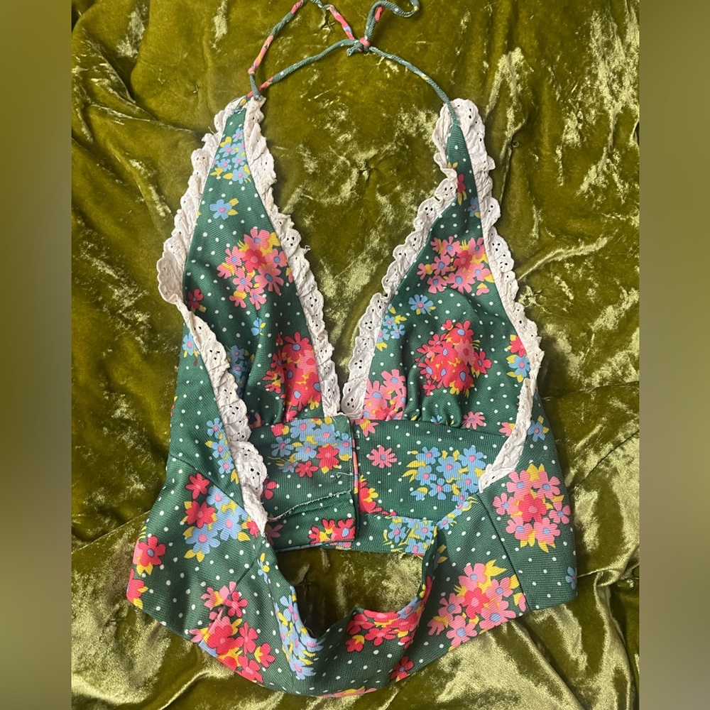 Vintage 1970s floral halter lace button flower green top boho chic - Picture 4 of 16